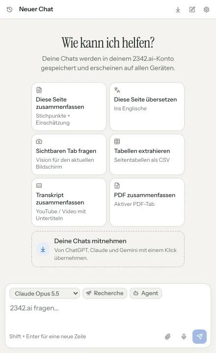 2342.ai in der Seitenleiste mit Schnellaktionen für die aktuelle Seite