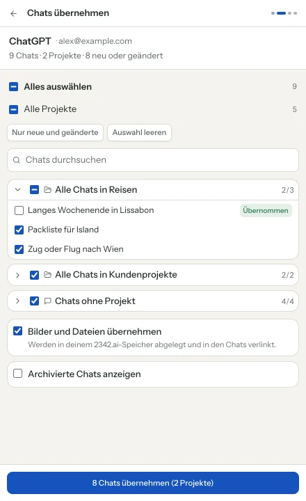 Import-Assistent mit ChatGPT-Projekten und einzelnen Chats zur Auswahl