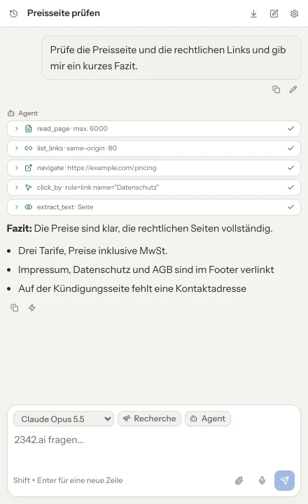 Der Browser-Agent zeigt jeden Schritt im Chat
