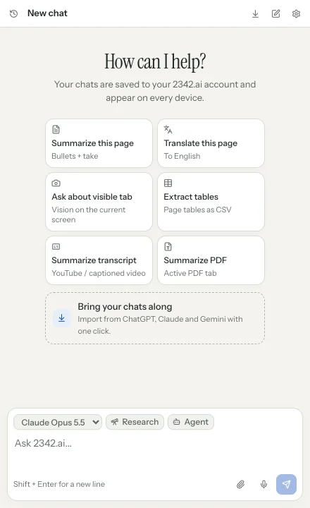 2342.ai in the side panel with quick actions for the current page