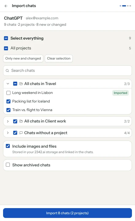 Import assistant listing ChatGPT projects and single chats to choose from