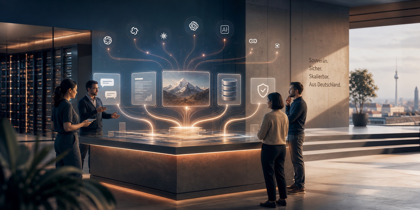 Editorial illustration of one central AI workspace connecting models, research, files and governance.